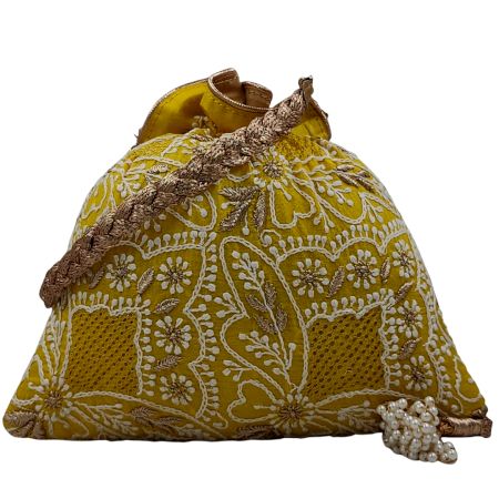 Yellow Chikankari Silk Potli Bag for Festive Occasions